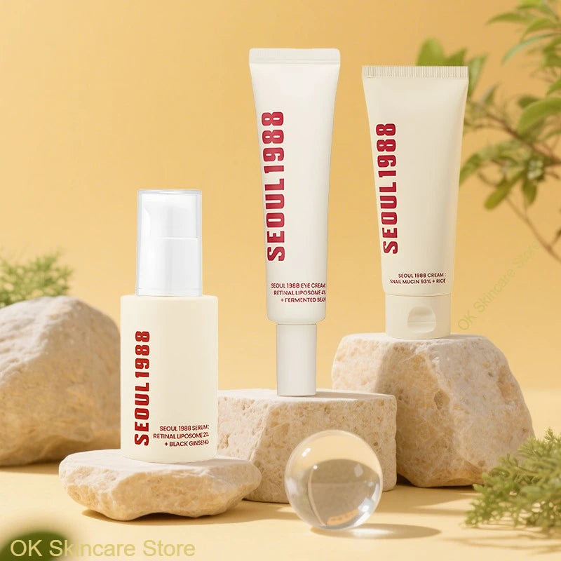 Korean SEOUL 1988 Vita C Retinol Set Face Ginseng Essence,Eye Cream and Snail Rice Cream Lifting Moisturizer Skincare 3pcs Sets